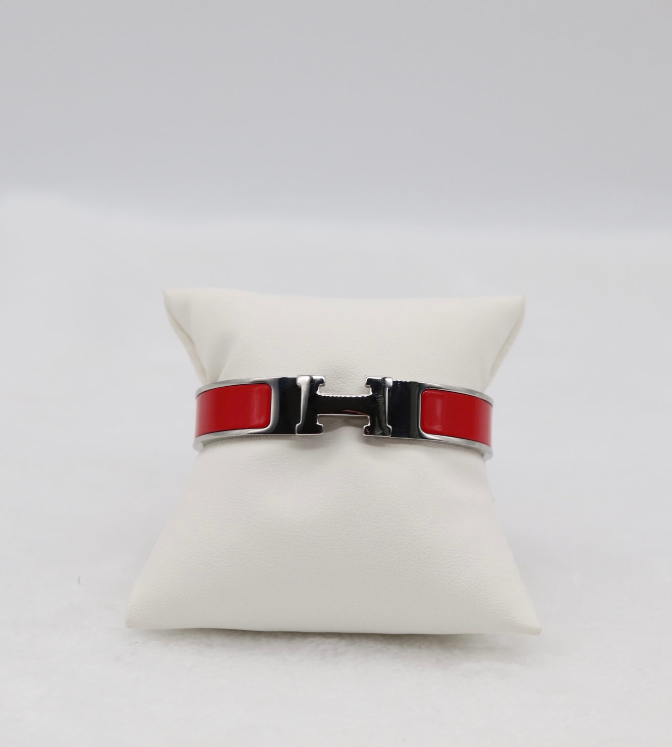 Bold Red Enamel “H” Bracelet – Silver Tone