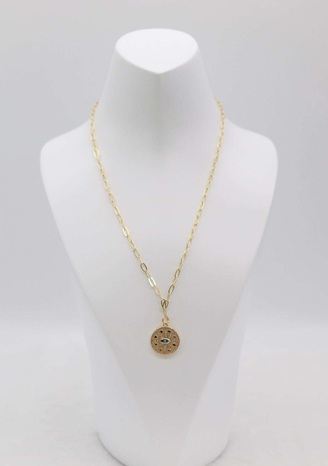Gold Compass Pendant Necklace – Dainty Crystal Medallion with Evil Eye Detail