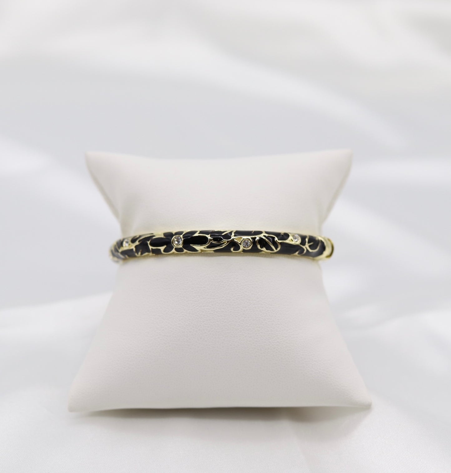 Thin Black With CZ Station Enamel Hinged Bangle Bracelet