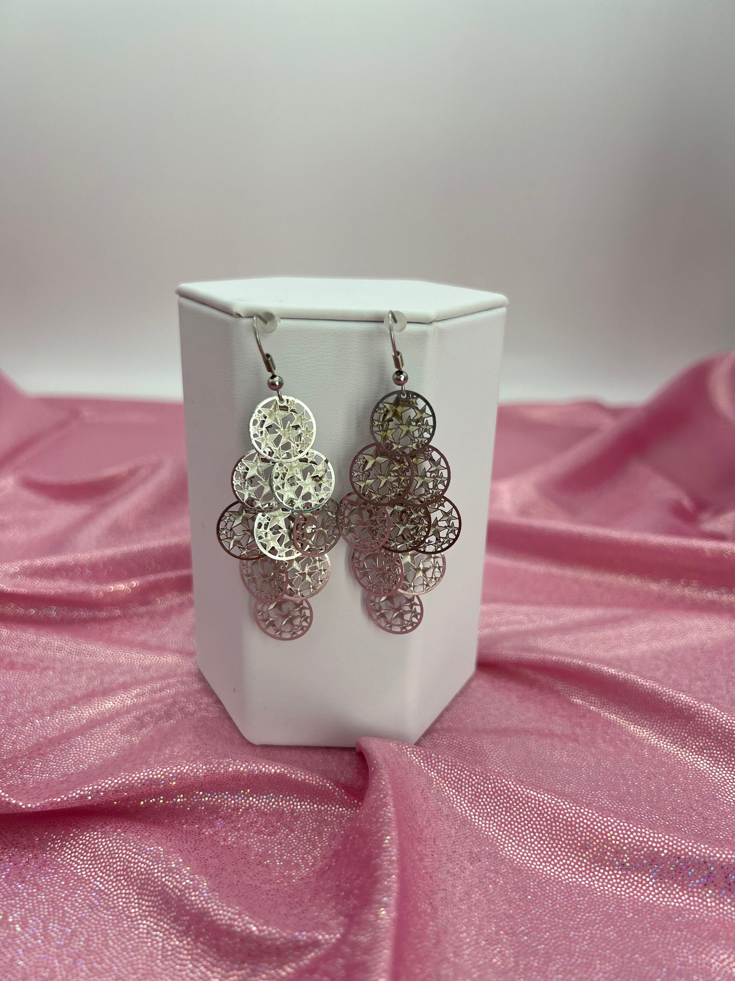 Bohemian Multi Layered Filigree Cut Out Star Circles Dangle Drop Long Statement Earrings, Silver