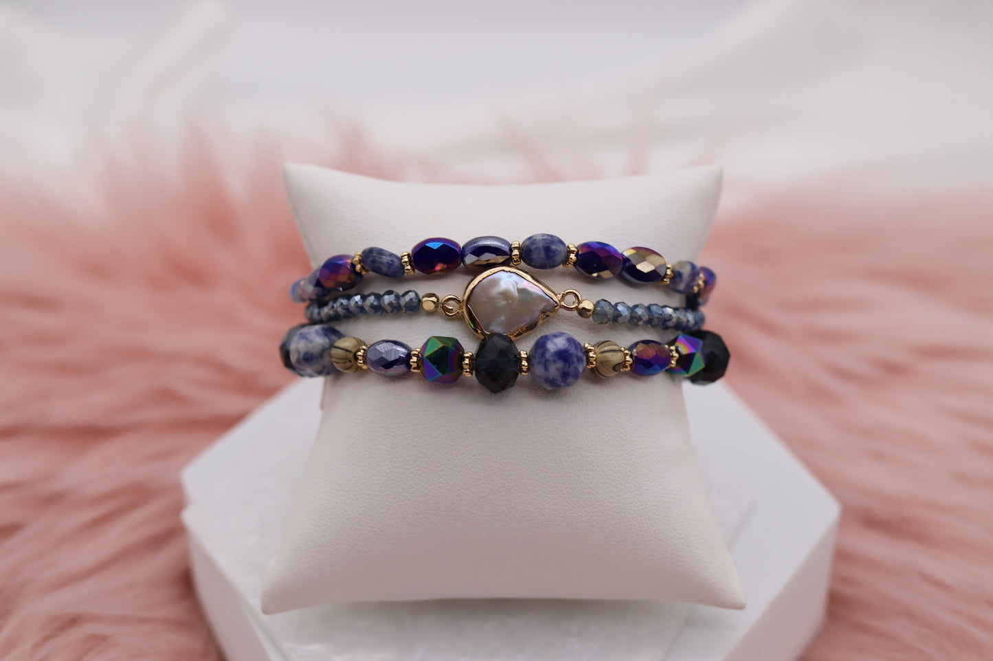Gold Blue Purple Glass Stone Bead Bracelet Set