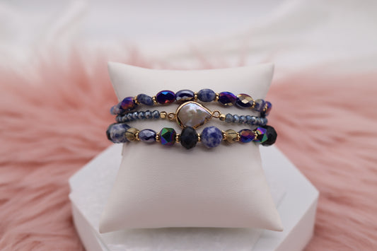 Gold Blue Purple Glass Stone Bead Bracelet Set