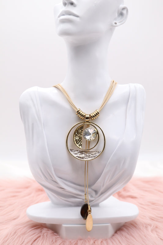 Gold Metallic Circle Pendant With Clear Stone, Multi Light Tan Rope Necklace