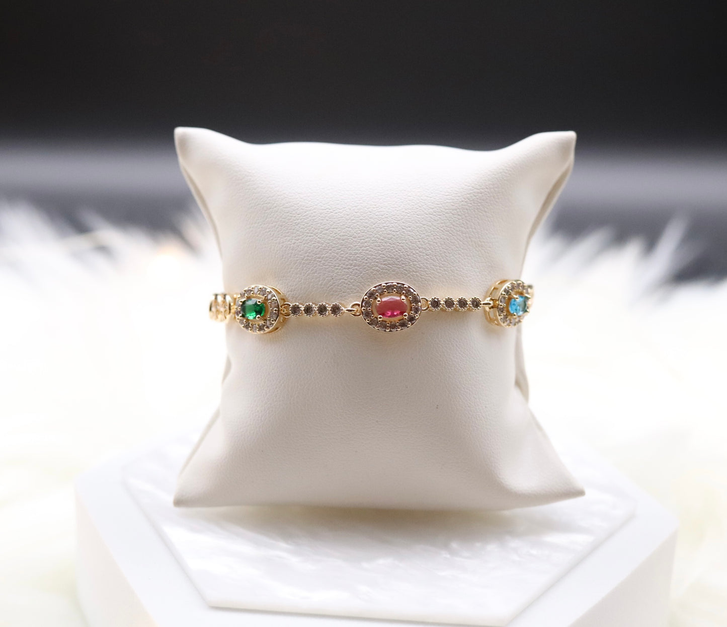 Light Blue, Red and Emerald Green Stone Tennis Bracelet