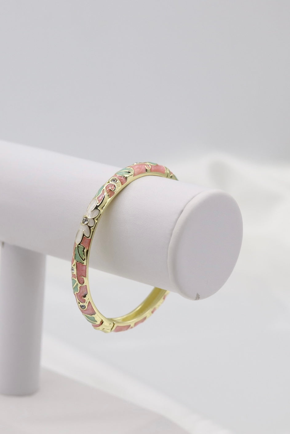 Thin Pink and White With CZ Station Enamel Hinged Bangle Bracelet