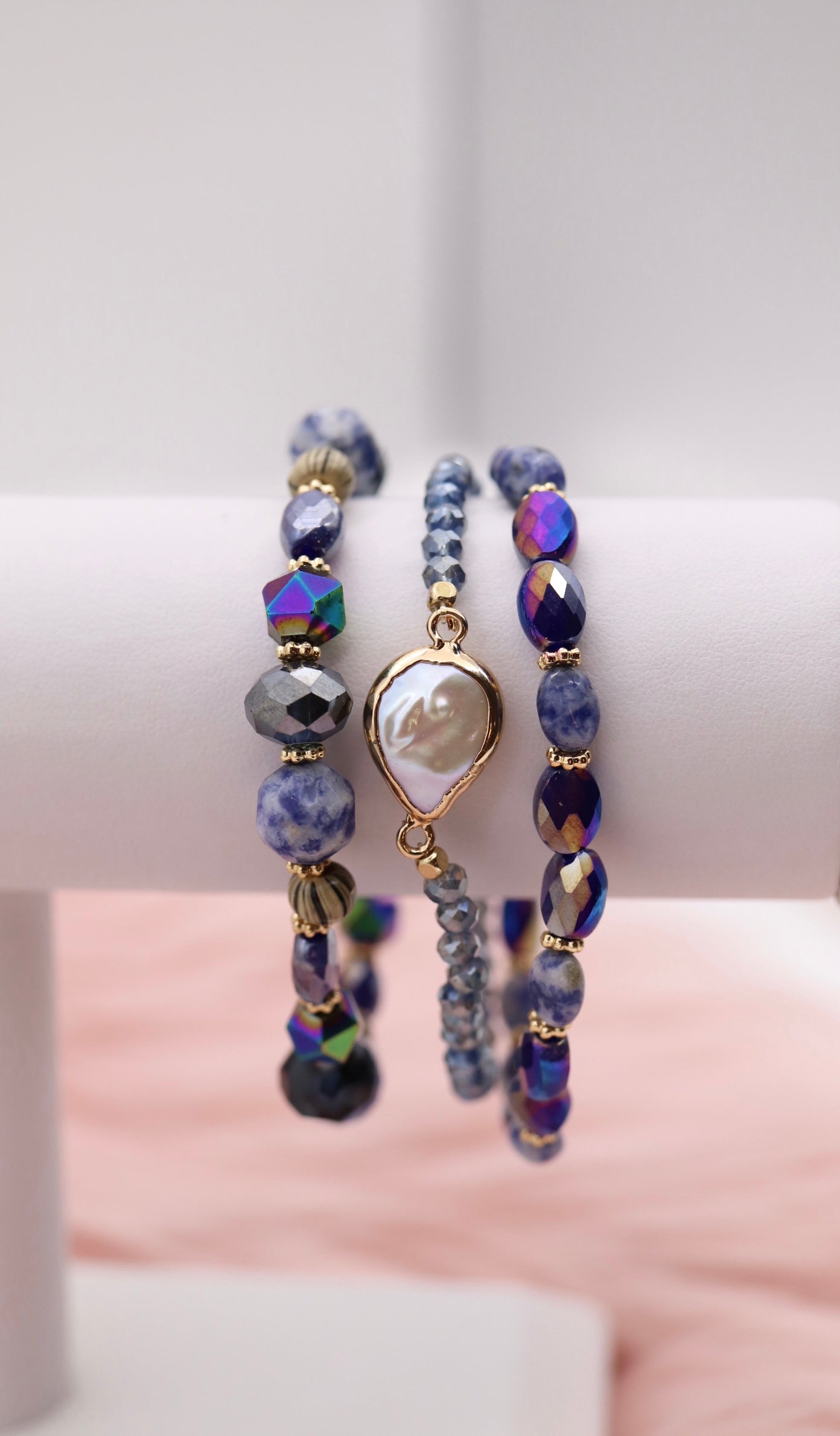 Gold Blue Purple Glass Stone Bead Bracelet Set
