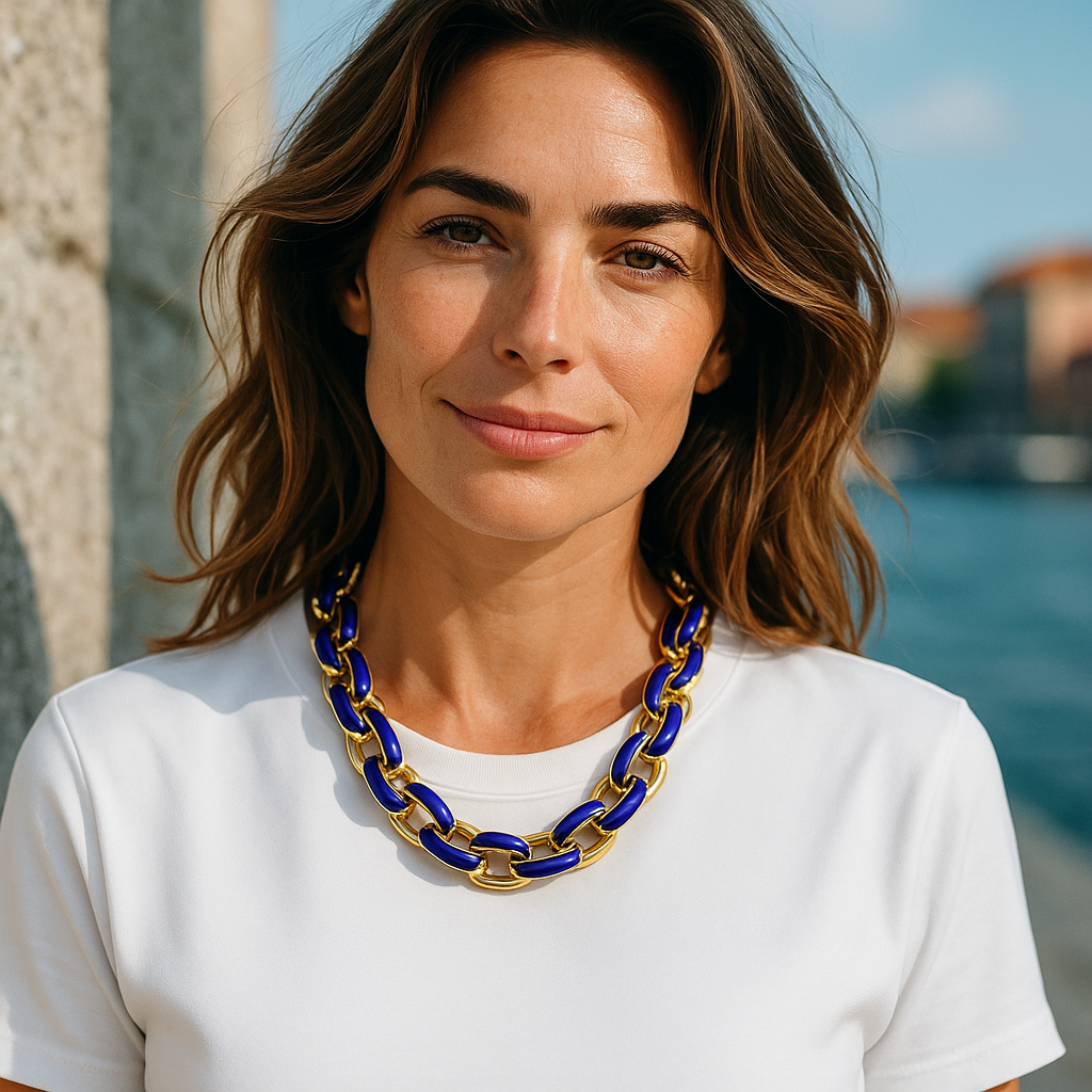 Bold Gold and Blue Link Chain Statement Necklace