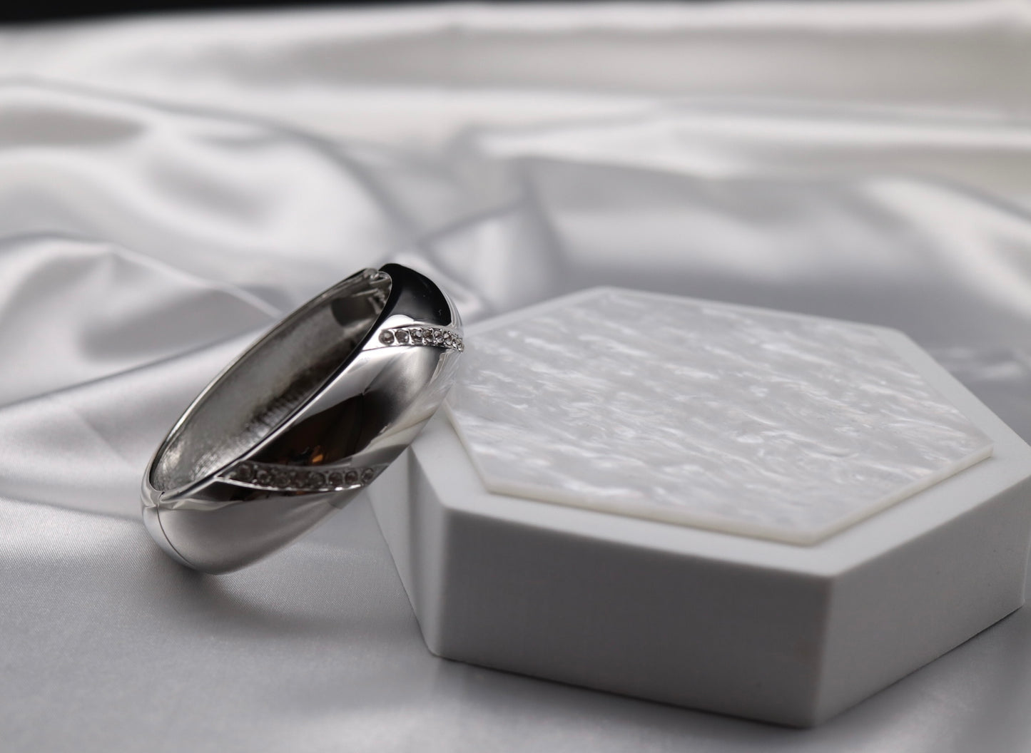 Silver Hinge Round Bangle Bracelet CZ Stripes