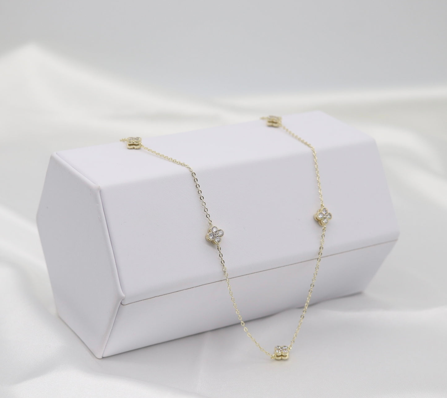 Mini CZ Clover Stations Gold Necklace - 36”