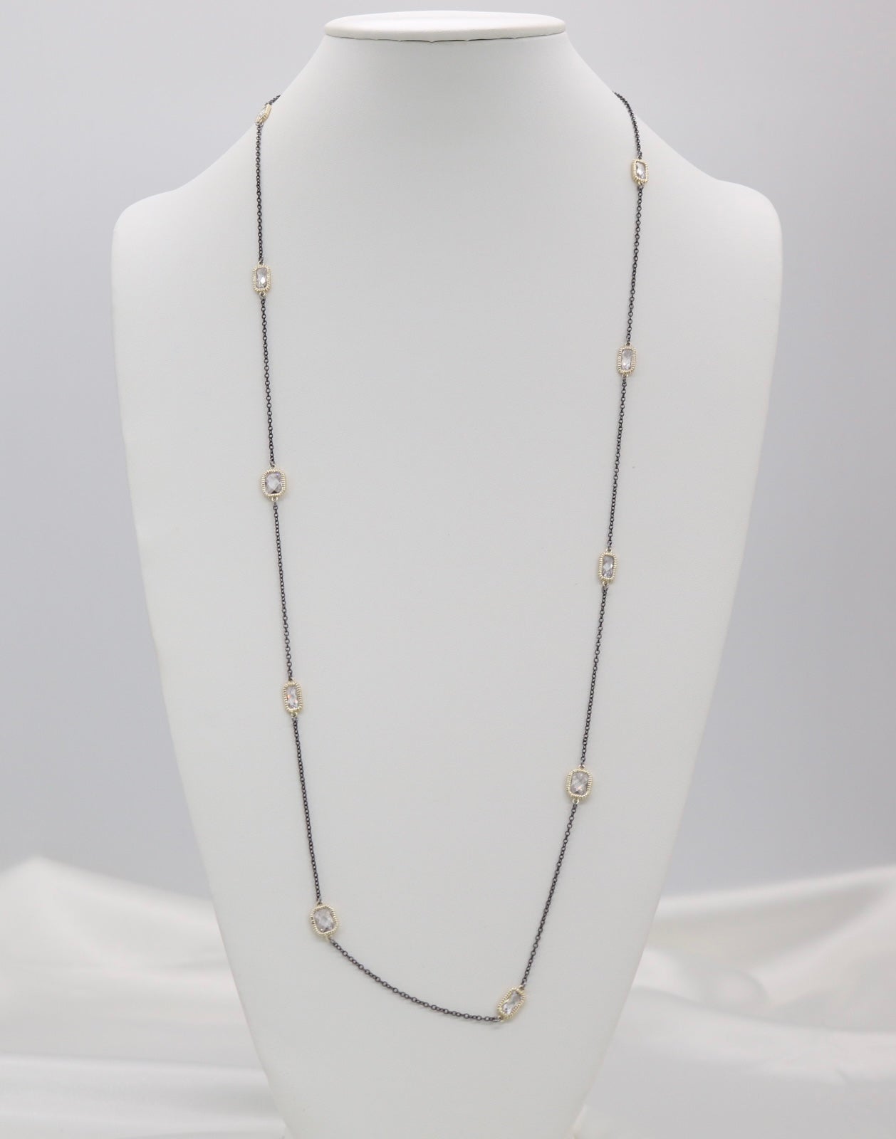 Long Crystal Rectangle Stones Station Black Necklace