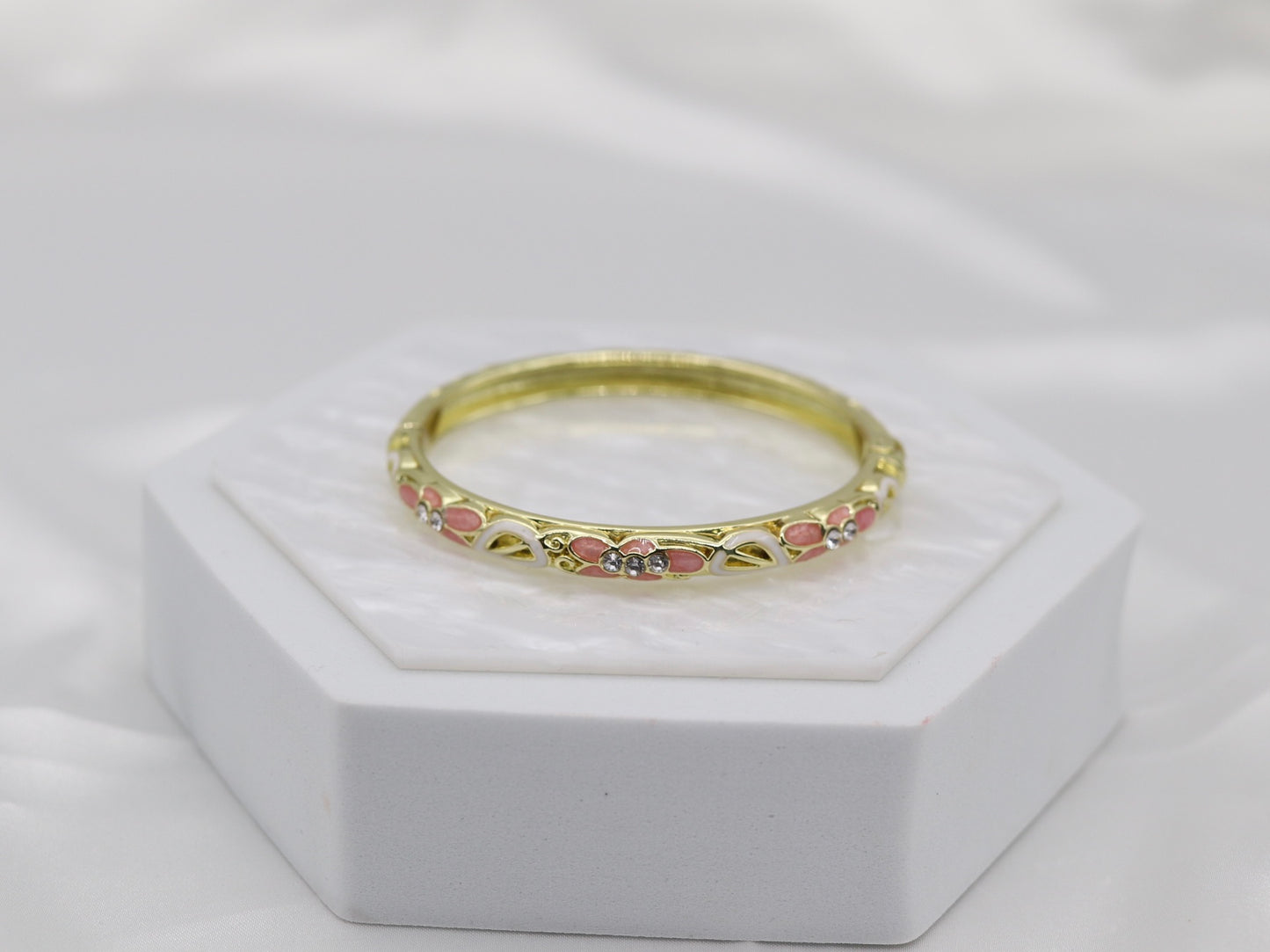 Thin Pink With CZ Station Enamel Hinged Bangle Bracelet