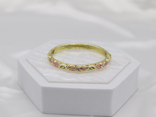Thin Pink With CZ Station Enamel Hinged Bangle Bracelet
