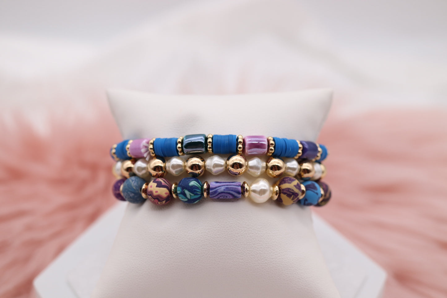 Gold Bright Purple Blue Bead 3 Piece Bracelet Set