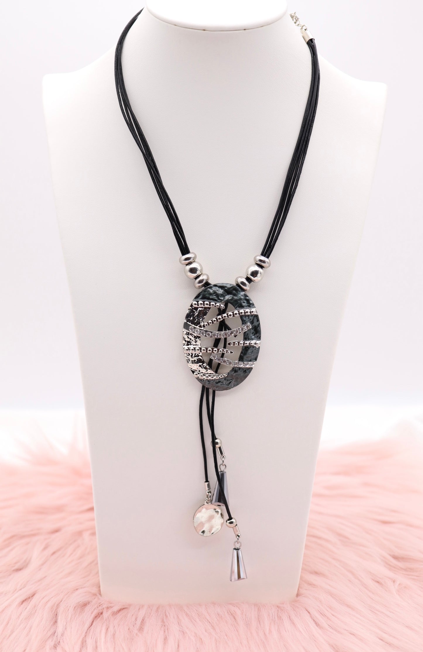 Metallic Black and Silver Pendant With Dangling Stones and Multi Black Rope Necklace