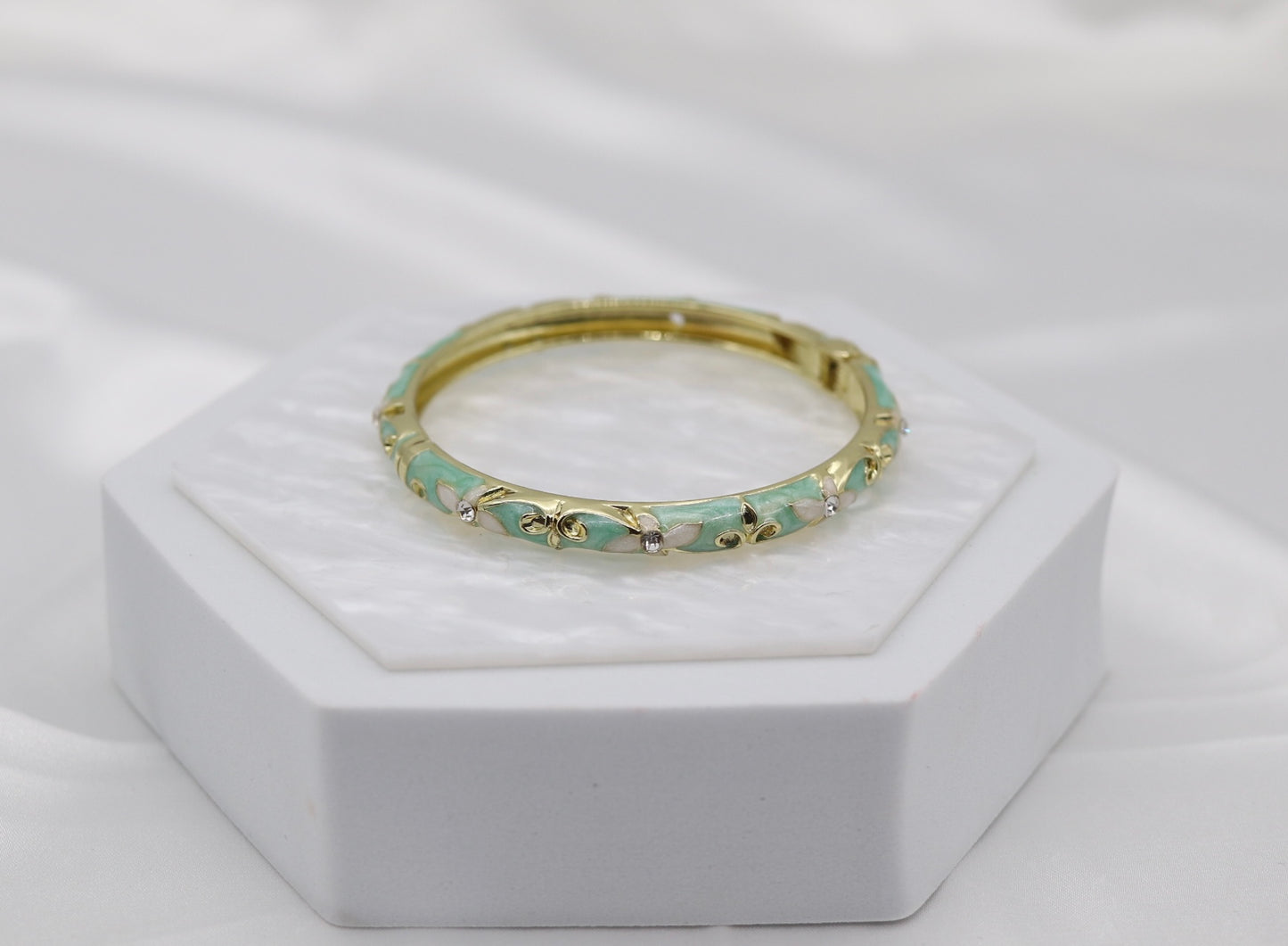 Thin Light Green With CZ Station Enamel Hinged Bangle Bracelet