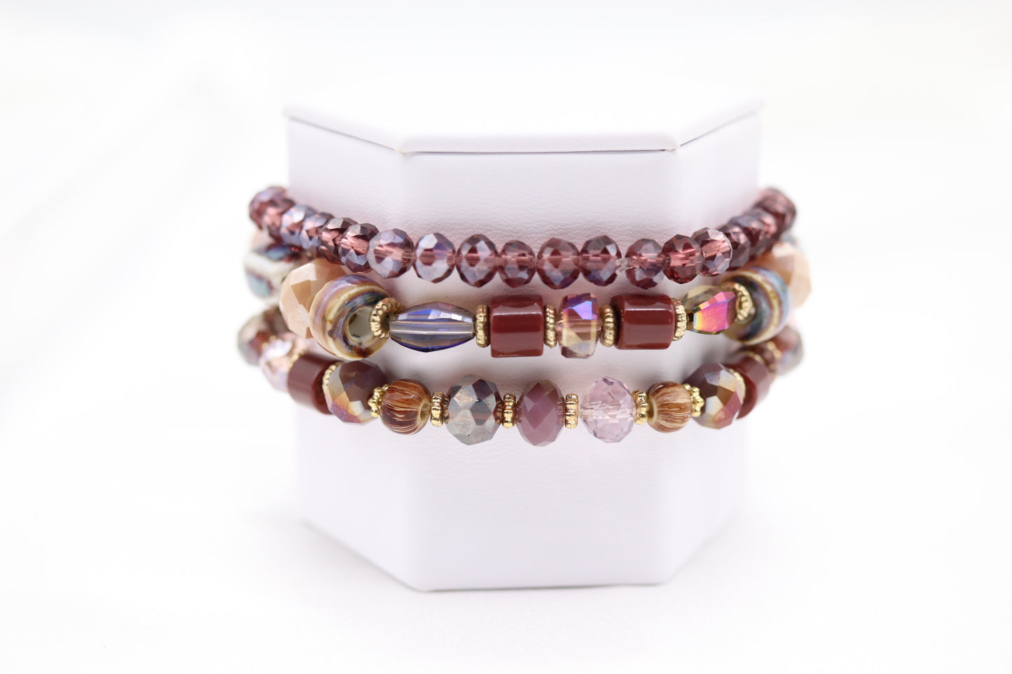Gold Purple Plum Glass Ceramic Bead Bracelet Set