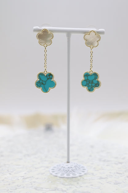 Gold Plated Mother of Pearl and Turquoise Five Leaf Flower Petal Pendant Earrings