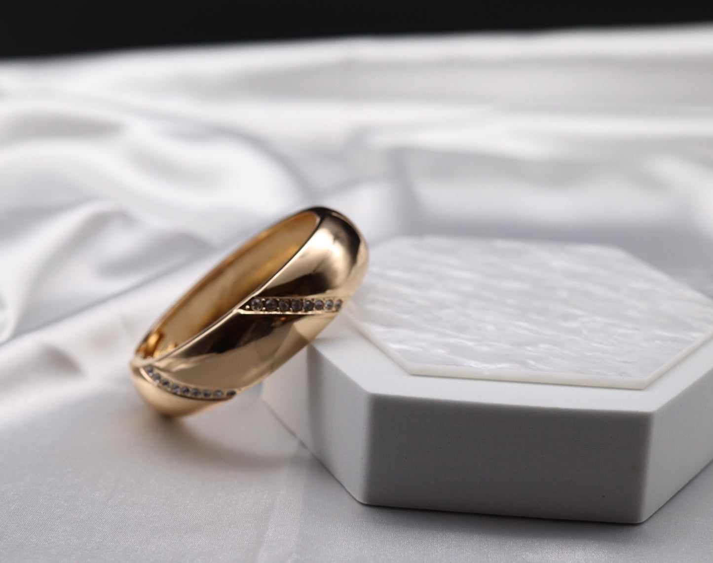 Gold Hinge Round Bangle Bracelet CZ Stripes