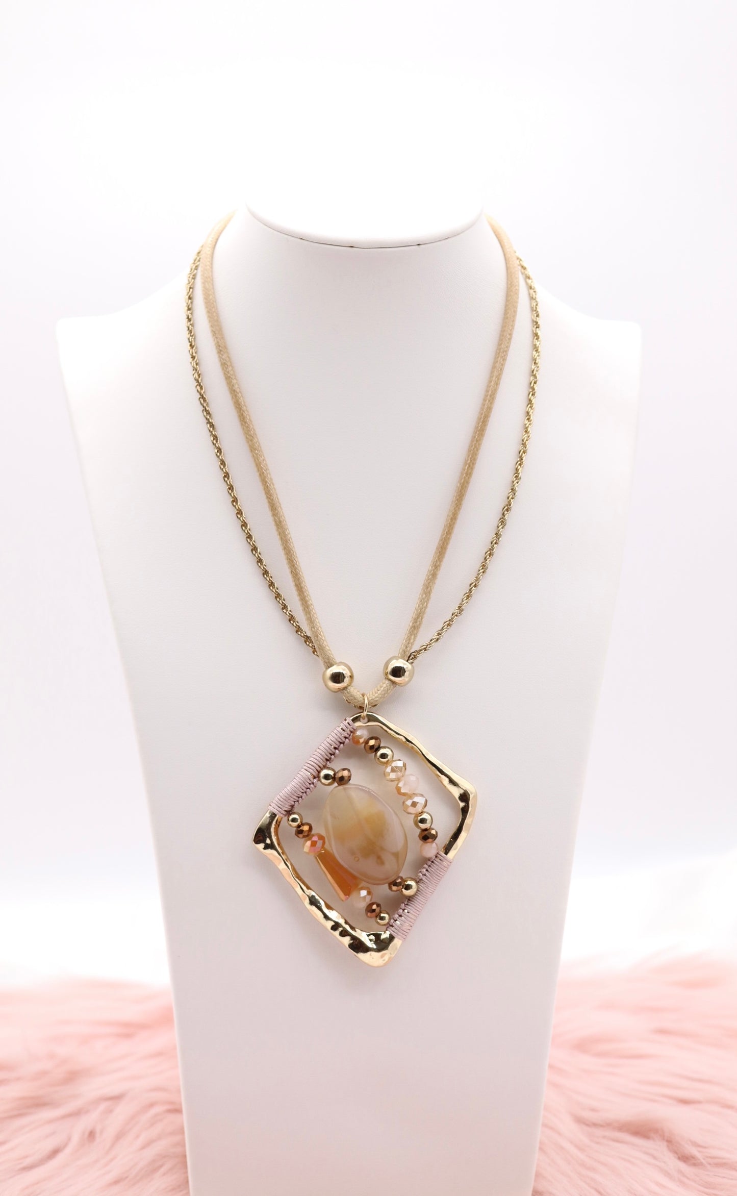 Pink Stone and Carnelia Color Beads Pendant With Multi Chain
