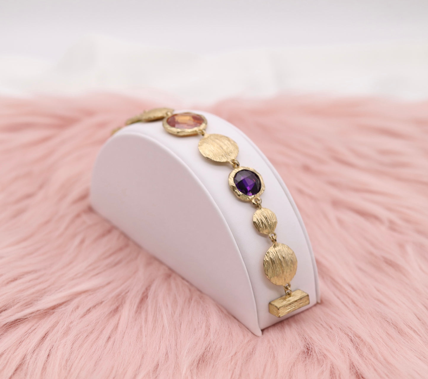 Purple, Coral and Emerald Green Stones Linked With Gold Discs Bracelet