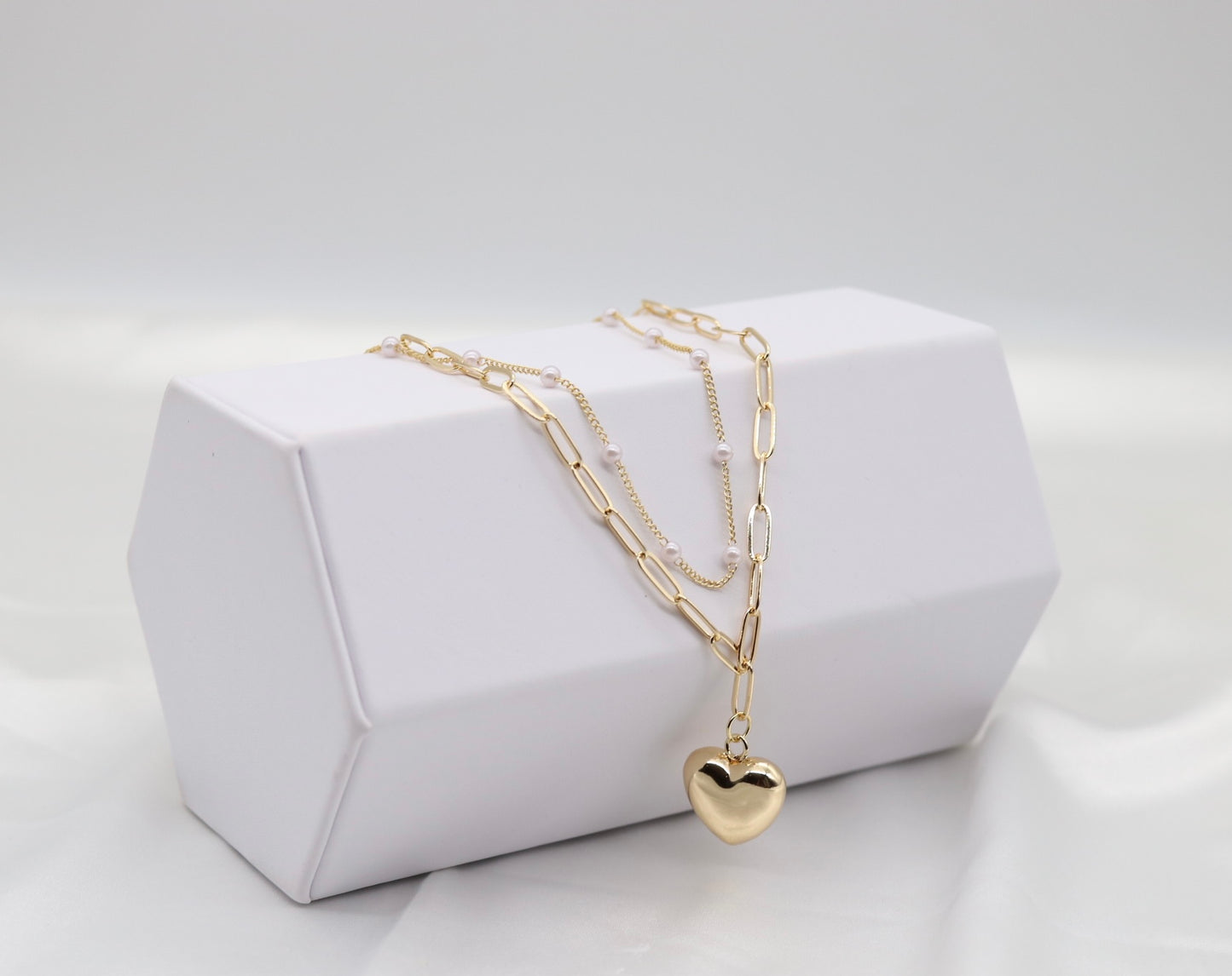 Layered Gold Dainty Pearl Station and Heart Pendant Paperclip Necklace