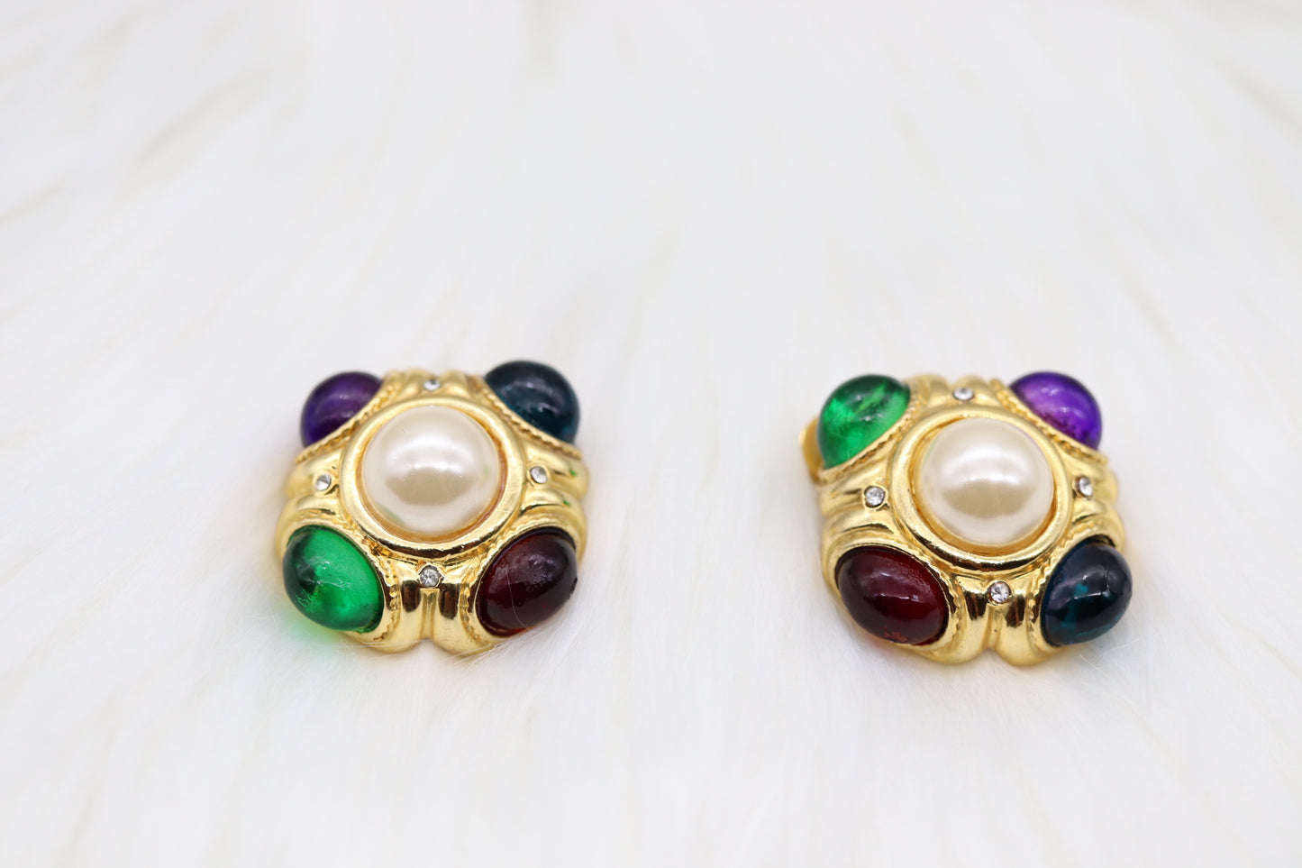 Matte Gold Square Clip-On Earrings with Multi-Colored Stones