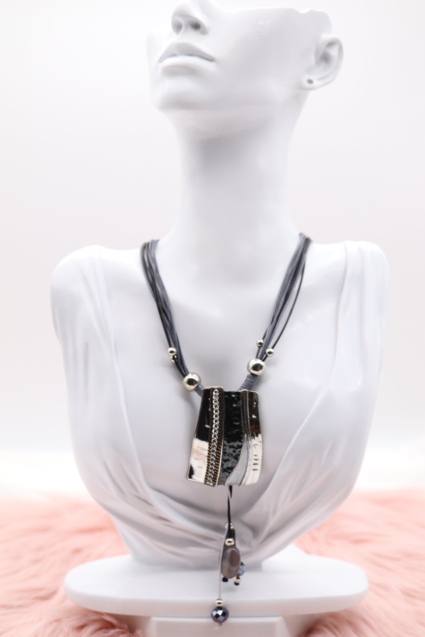 Silver and Black Metal Pendant With Dangling Stones, Multi Black and Silver Rope Necklace