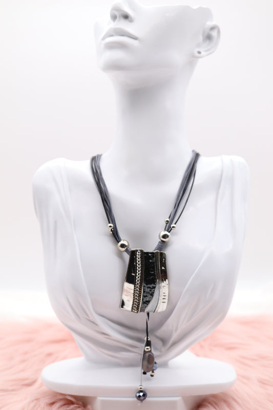 Silver and Black Metal Pendant With Dangling Stones, Multi Black and Silver Rope Necklace