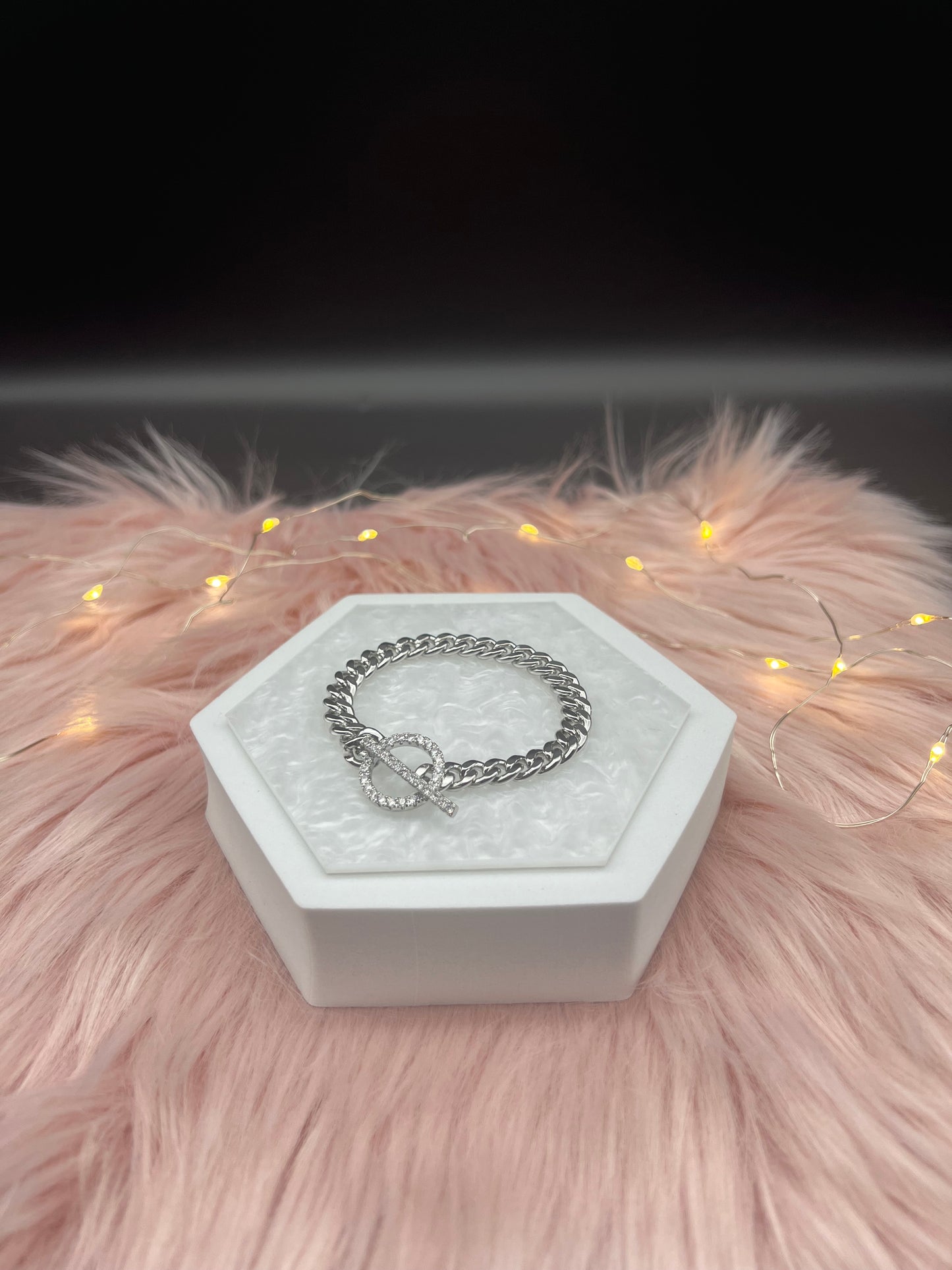 Small Silver Chain Link CZ Toggle Bracelet