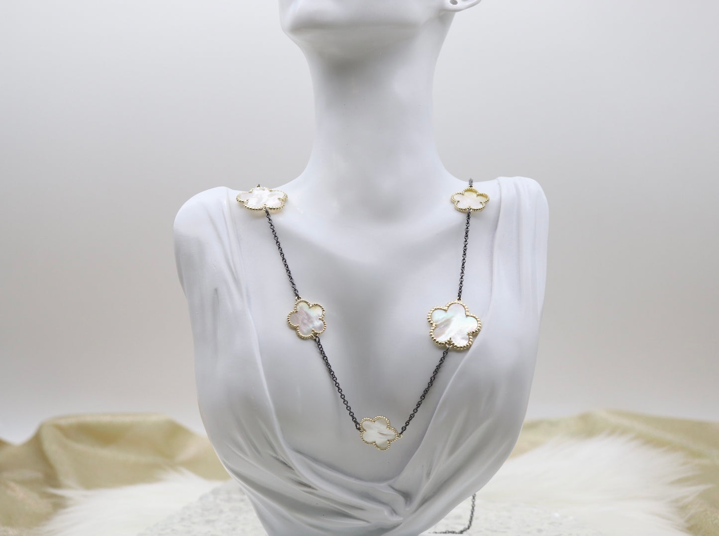 Mother of Pearl Five Leaf Flower Petal Pendant Necklace