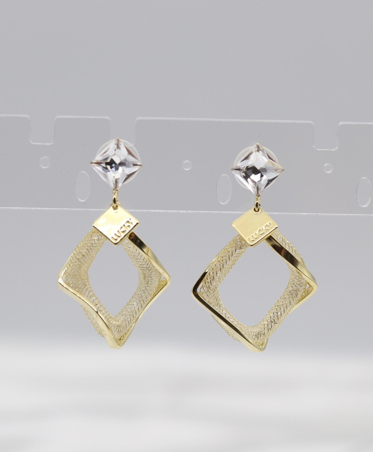 Geometric Textured Gold Drop Earrings with Crystal Studs