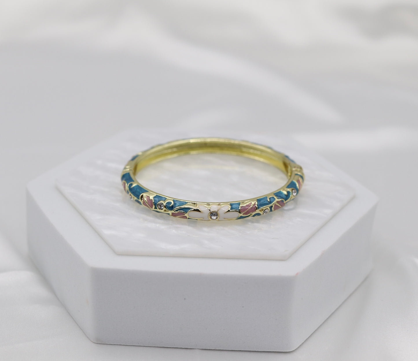 Thin Blue With CZ Station Enamel Hinged Bangle Bracelet