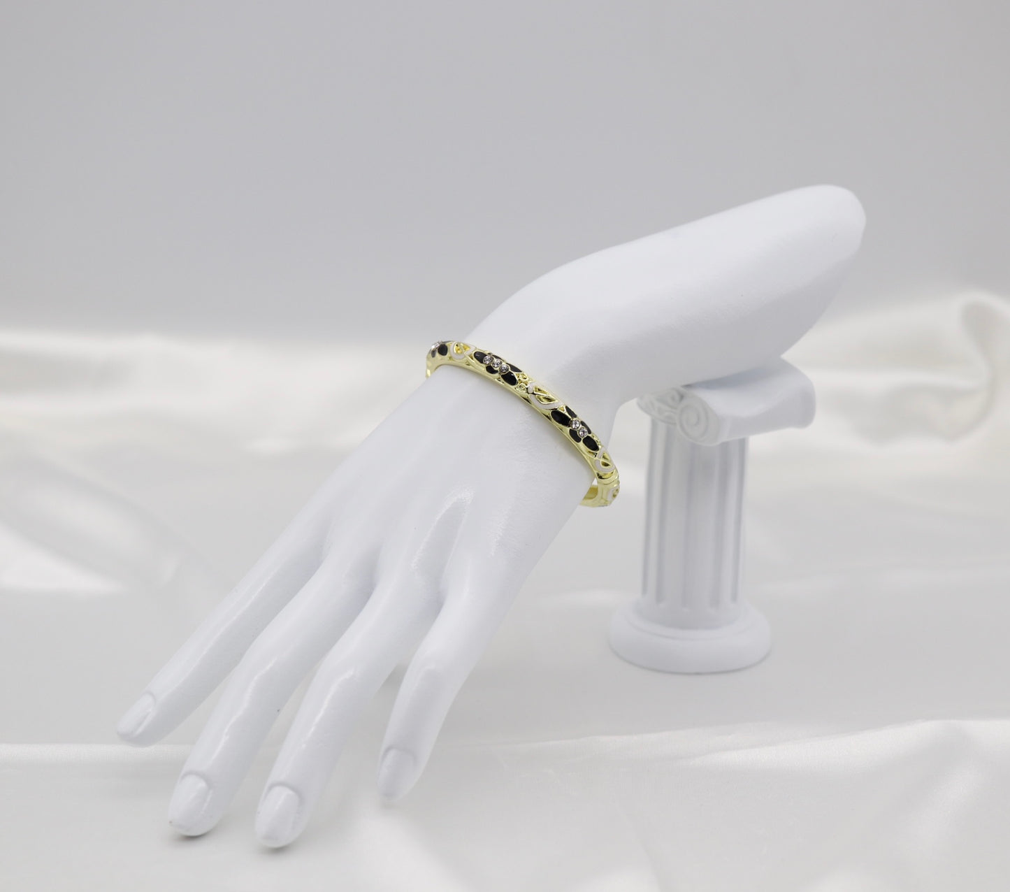 Thin Black and White With CZ Station Enamel Hinged Bangle Bracelet