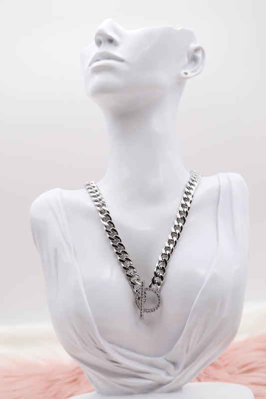 Curb Chain CZ Pave Toggle Necklace Silver