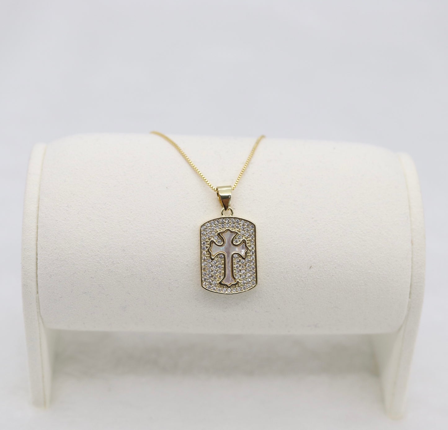 Gold Cross Pendant Necklace – Crystal Pavé Dog Tag Design