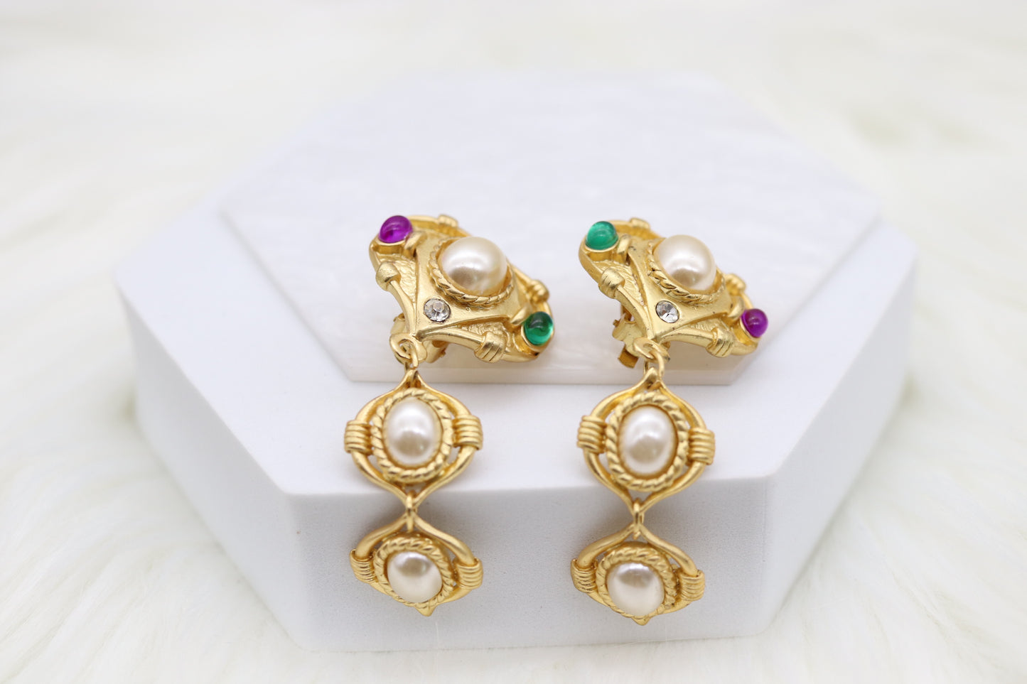 Matte Gold Tiered Drop Clip-On Earrings with Multi-Colored Stones