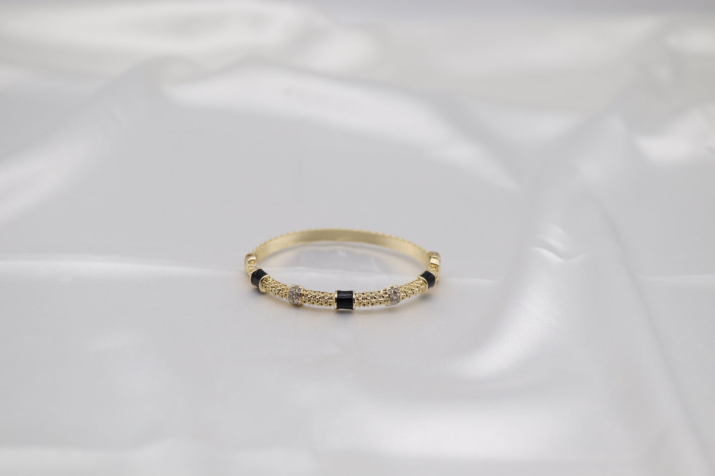Black Enamel & Crystal Gold Beaded Bangle Bracelet | Elegant Stackable Bracelet for Women