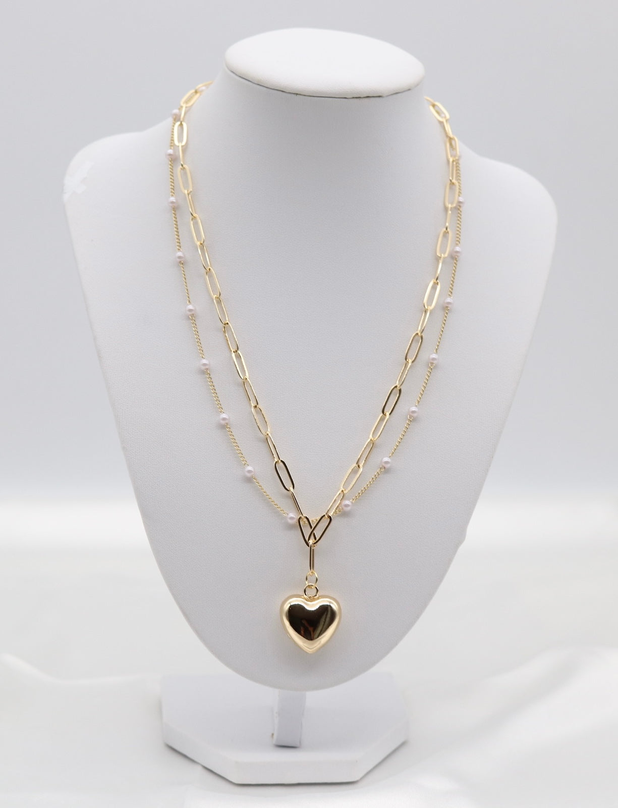 Layered Gold Dainty Pearl Station and Heart Pendant Paperclip Necklace
