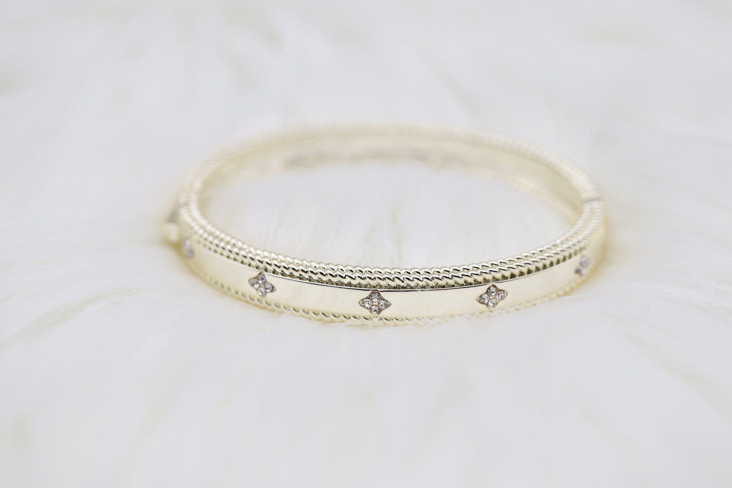 Gold Hinge Bangle Bracelet With Trim CZ Clover Stations