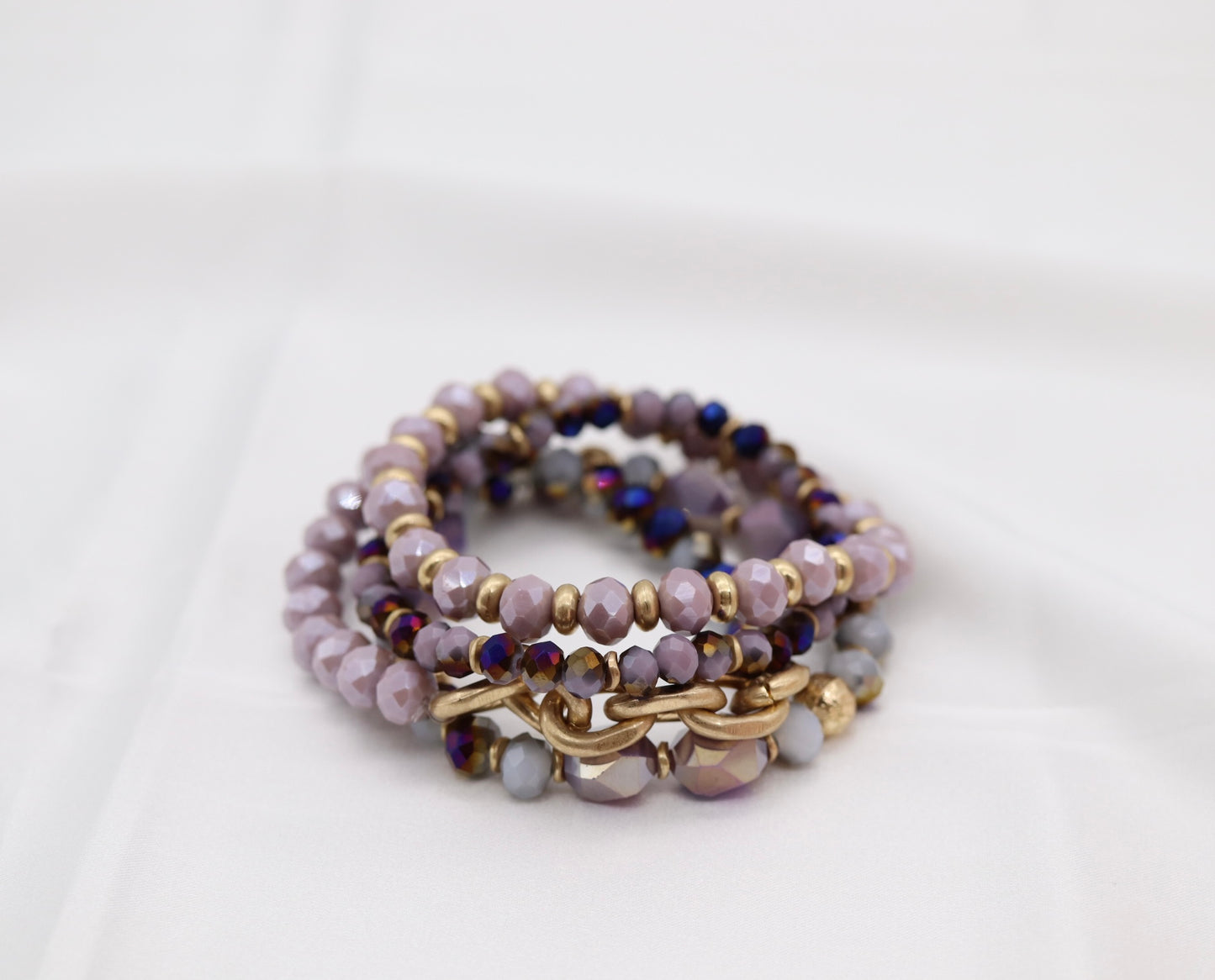 Gold Purple Glass Bead Bracelet Set