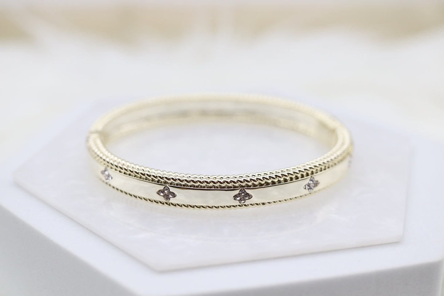 Gold Hinge Bangle Bracelet With Trim CZ Clover Stations