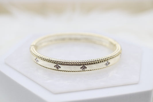 Gold Hinge Bangle Bracelet With Trim CZ Clover Stations