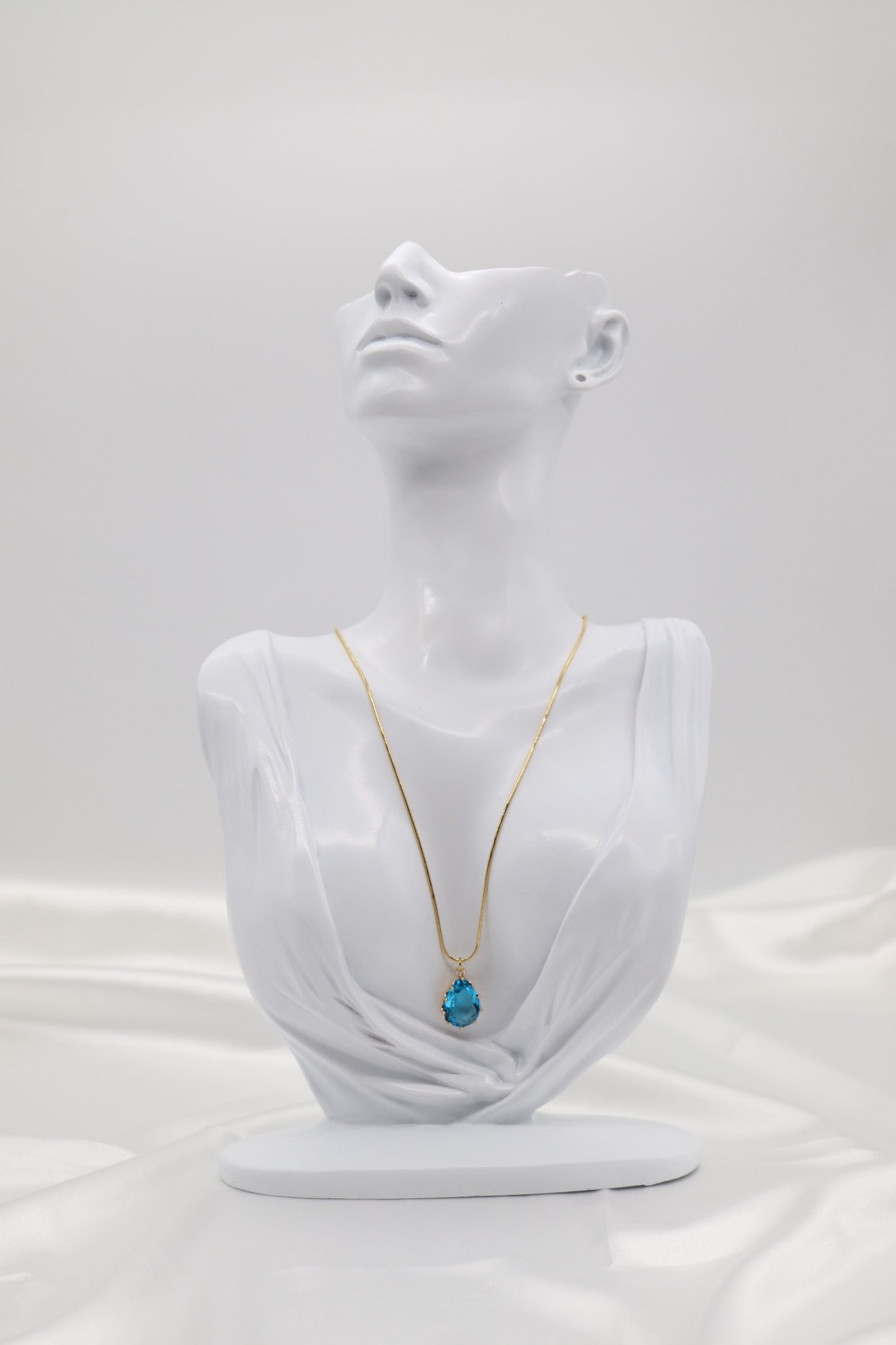 Gold Snake Chain w/Aquamarine Teardrop Necklace