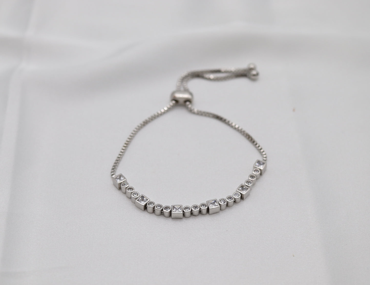 Square and Round Bezel Set CZ Silver Tennis Bracelet