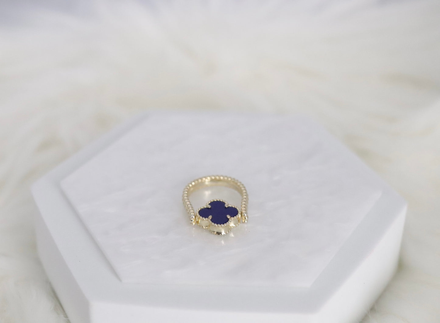 Navy Blue Clover Gold Reversible Ring - Size 7