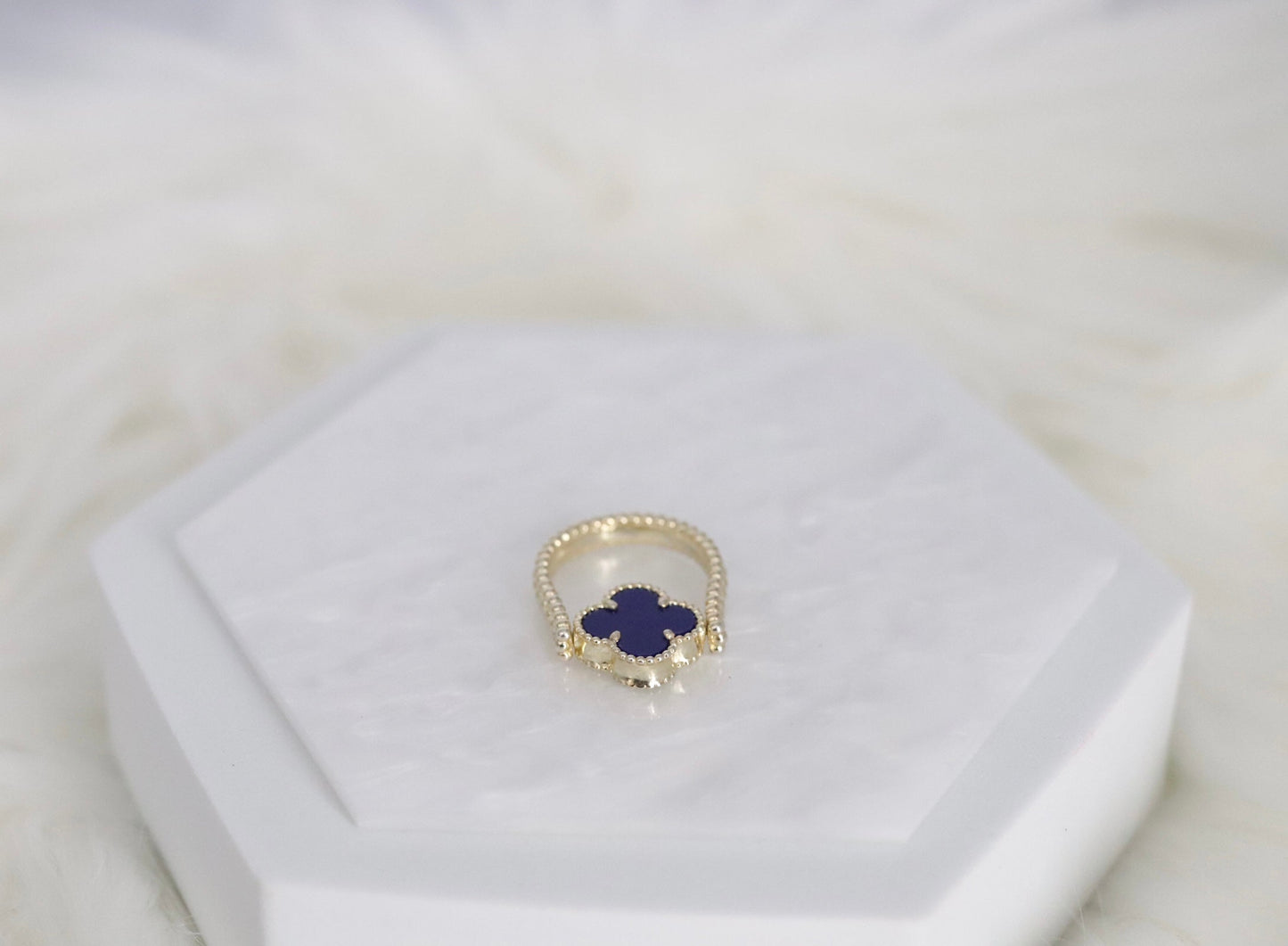 Navy Blue Clover Gold Reversible Ring - Size 6