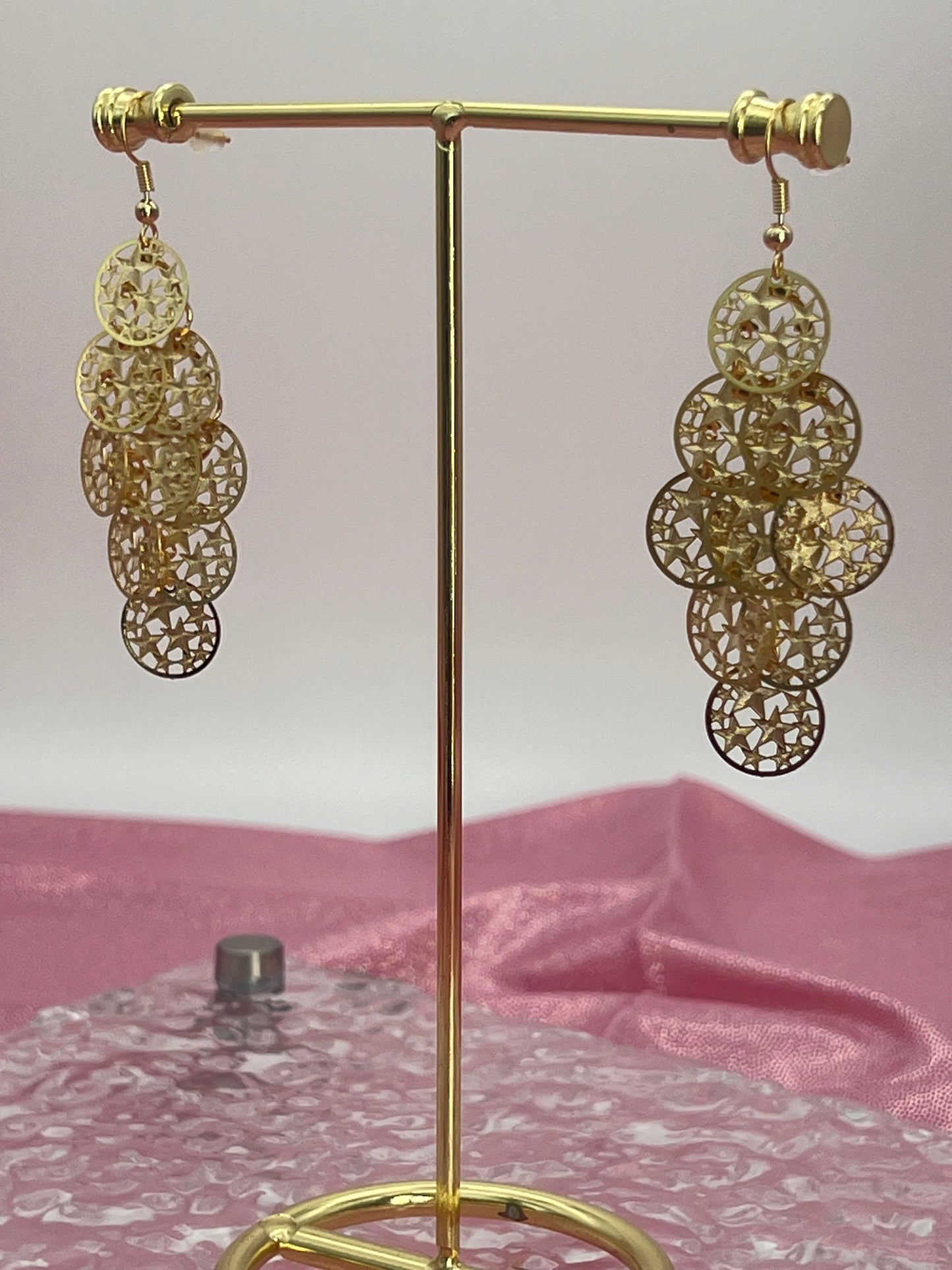 Bohemian Multi Layered Filigree Cut Out Star Circles Dangle Drop Long Statement Earrings, Gold