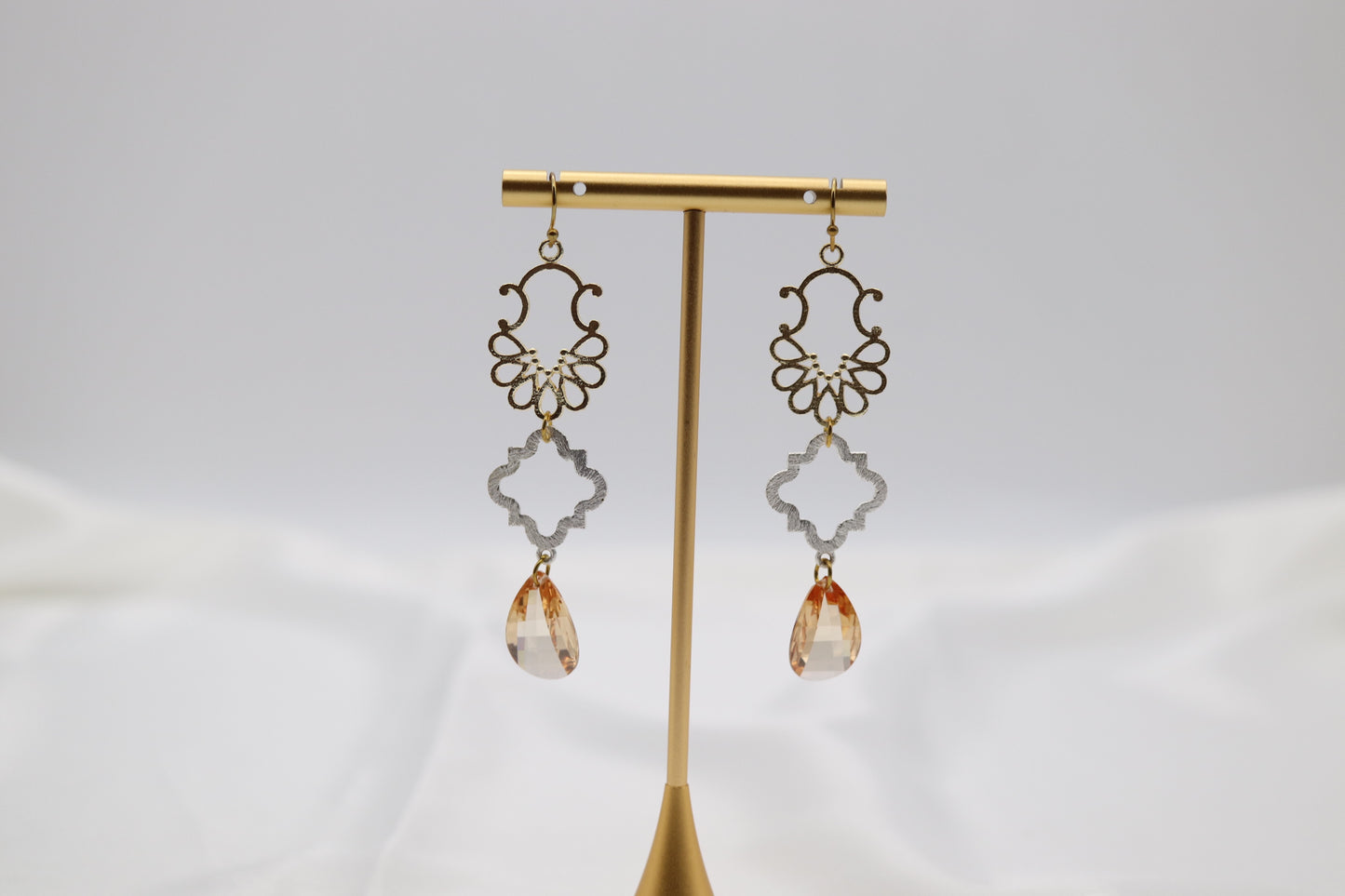 Filigree Dangling Peach Stone Earrings Made With Faceted Fancy Cut Cubics