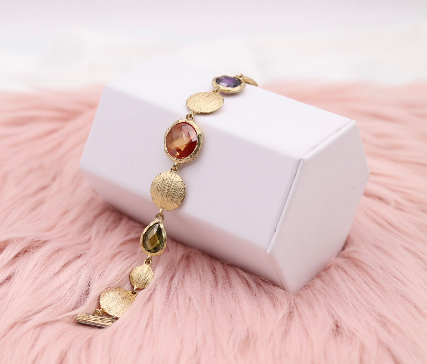 Purple, Coral and Emerald Green Stones Linked With Gold Discs Bracelet