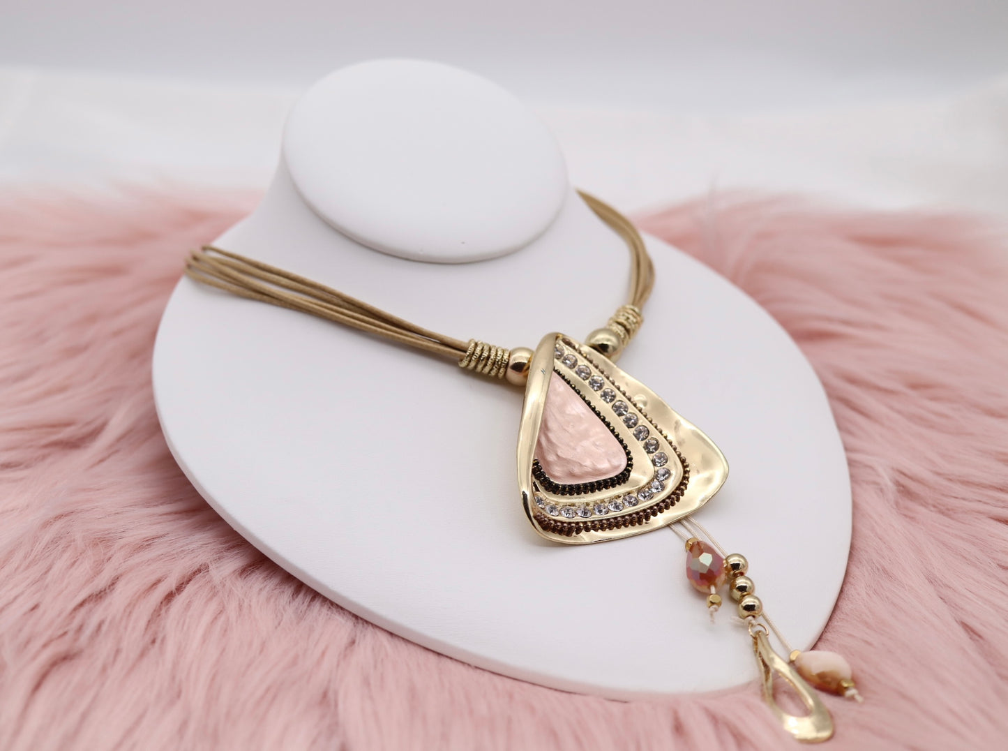 Gold and Cooper Metallic Pendant With Dangling Stones, Multi Tan Rope Necklace